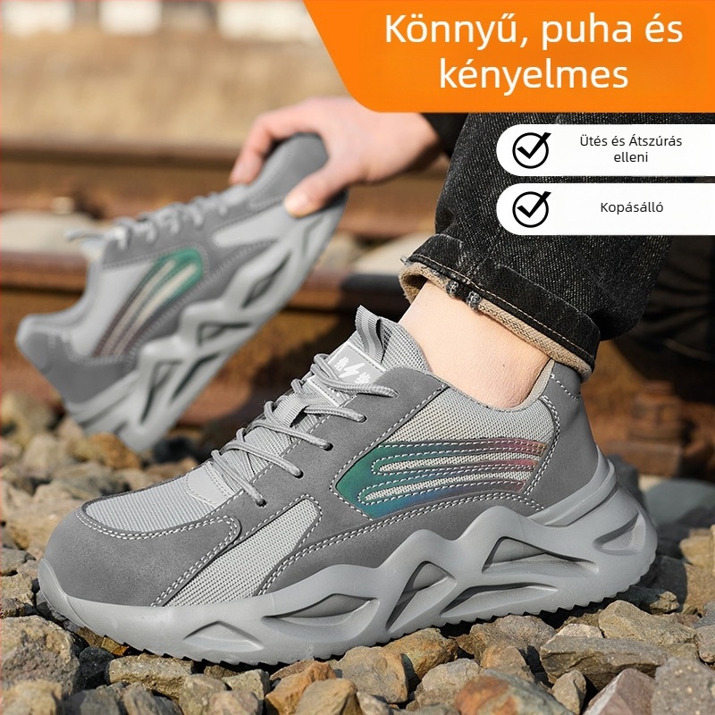 Biztonsági munkavédelmi cipő, lélegző Flyknit felsőrész, műanyag-acél orr, csúszásmentes, perforáció-ellenálló, kopásálló