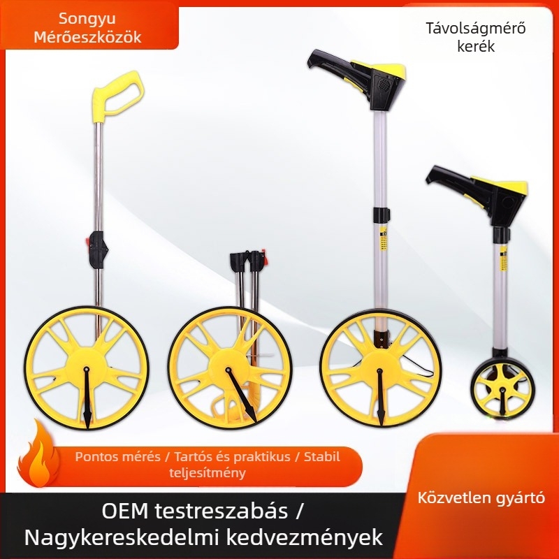 Kézi, összecsukható távolságmérő digitális kijelzővel és mechanikus mérőkerékkel