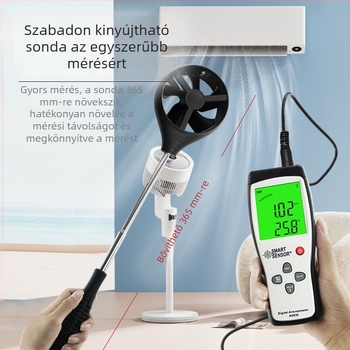 AS836 digitális hordozható anemométer, szélsebesség mérés 0.3–45 m/s, pontosság ±3% ±0.1 dgt, felbontás 0.1 m/s