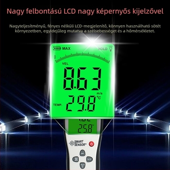 AS836 digitális hordozható anemométer, szélsebesség mérés 0.3–45 m/s, pontosság ±3% ±0.1 dgt, felbontás 0.1 m/s