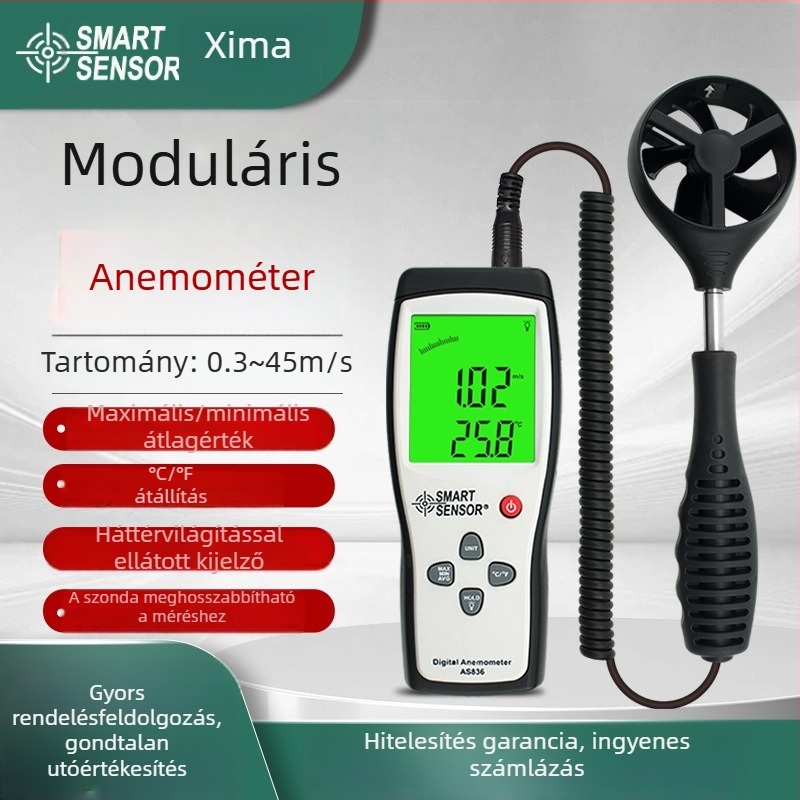 AS836 digitális hordozható anemométer, szélsebesség mérés 0.3–45 m/s, pontosság ±3% ±0.1 dgt, felbontás 0.1 m/s