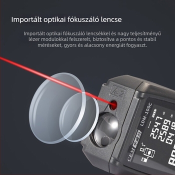Kézi lézeres távolságmérő hangos kijelzővel, tartomány 0–120 m, pontosság 1,5 mm, méri a hosszot, területet és a térfogatot