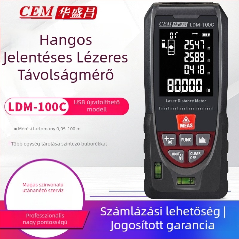Kézi lézeres távolságmérő hangos kijelzővel, tartomány 0–120 m, pontosság 1,5 mm, méri a hosszot, területet és a térfogatot