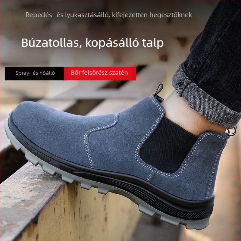 Acélorrú védőmunkacipő hegesztők számára, ütésálló, átszúrásálló, csúszásbiztos, kopásálló, velúr bőr és PU talp