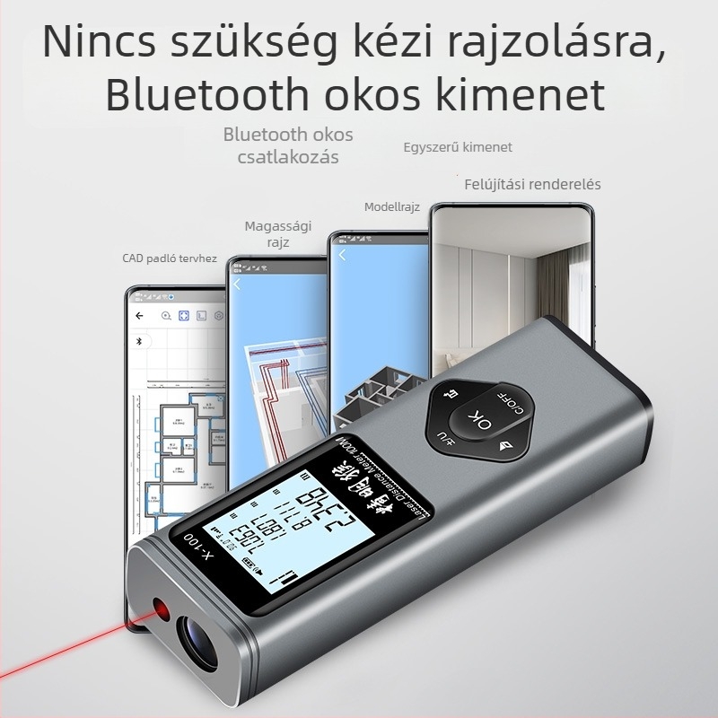 Három az egyben lézeres távolságmérő infravörös méréssel, keresztvonallal és Bluetooth szobatervező eszközzel
