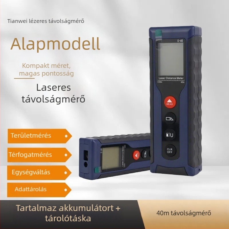40 m-es tartományú infravörös lézer távolságmérő, szoba felületének és térfogatának mérésére, digitális kijelző