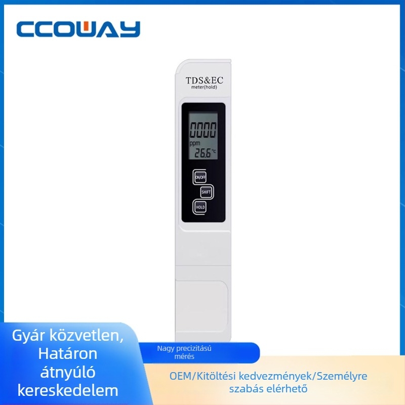 Többcélú vízminőség-elemző TDS-A1 | EC 0-9990 µS/cm, TDS 0-9990 ppm, Felbontás: 1 µS/cm / 1 ppm, Pontosság: ±2%, Tápellátás: 3V CR2032