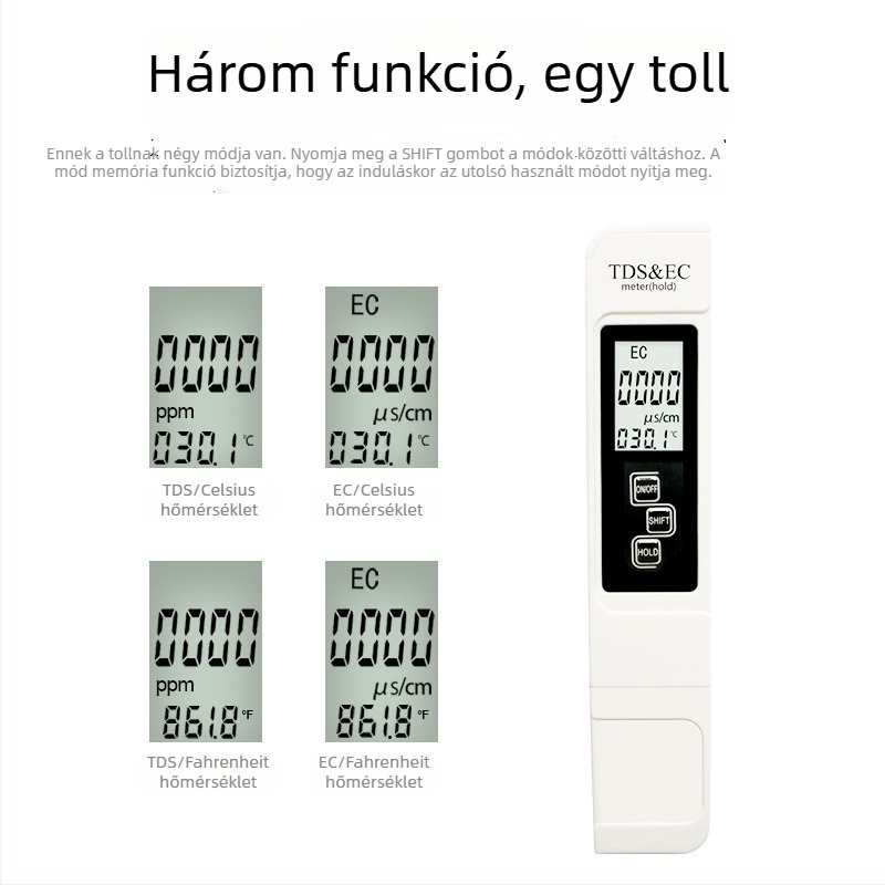 Többcélú vízminőség-elemző TDS-A1 | EC 0-9990 µS/cm, TDS 0-9990 ppm, Felbontás: 1 µS/cm / 1 ppm, Pontosság: ±2%, Tápellátás: 3V CR2032