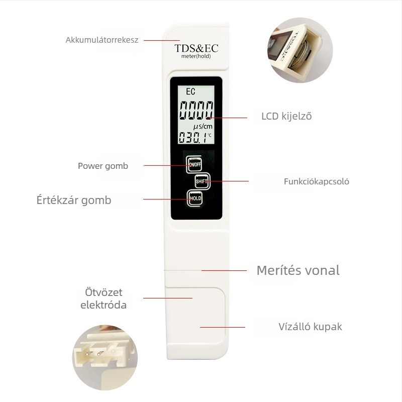 Többcélú vízminőség-elemző TDS-A1 | EC 0-9990 µS/cm, TDS 0-9990 ppm, Felbontás: 1 µS/cm / 1 ppm, Pontosság: ±2%, Tápellátás: 3V CR2032