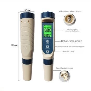 Többcélú vízminőségi analízis – TDS/EC, pH, sótartalom és hőmérséklet; mérési tartomány 0–10000 µS/cm, 0–14 pH, 10.1–200 ppt; pontosság: pH 0.05, SALT ±1%, EC/TDS ±2%; felbontás: 0.01 pH, 1 µS/cm, 1 ppm