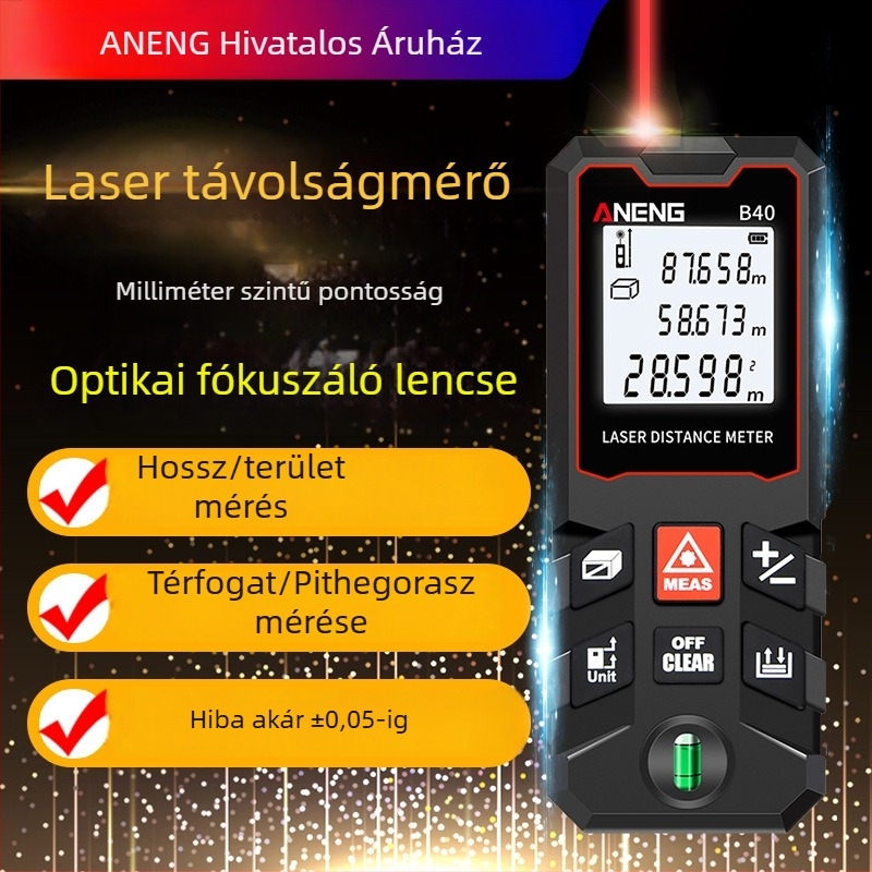 ANENG B40 Kézi lézeres távolságmérő — kiváló pontosság akár 40 m-ig, mérés: távolság, terület, térfogat, Pitagorasz-számítások
