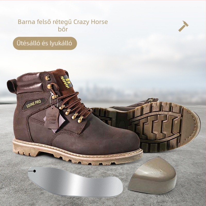 Goodyear varrású munkavédelmi cipő acél orral és acél talppal, Crazy Horse bőr, ütésálló és perforáció-mentes