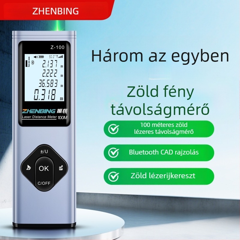 Magas pontosságú zöld lézeres távolságmérő, 3 az 1-ben digitális vonalzó, beltéri és kültéri méréshez, Bluetooth mérőeszköz
