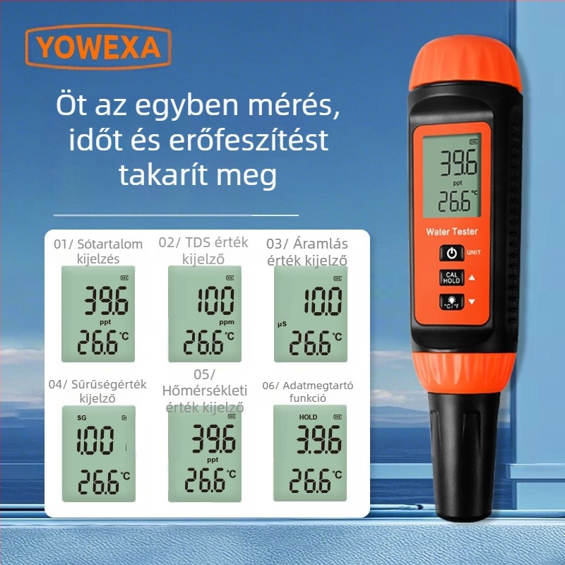 Yowexa Yw-624 Többparaméteres vízminőség-elemző toll – Sótartalom, Specifikus gravitáció, TDS, Vezetőképesség, Hőmérséklet