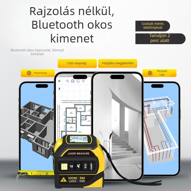 Zhenbing Bluetooth‑os lézeres távolságmérő – nagy pontosságú infravörös mérőszalag, keresztlézer, CAD-rajzok helyiségek méréséhez