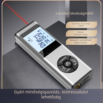 Kézben tartható lézeres távolságmérő, alumíniumötvözetből készült korpusz, magas precizitás, újratölthető