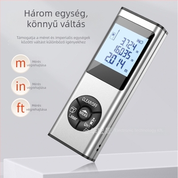 Kézben tartható lézeres távolságmérő, alumíniumötvözetből készült korpusz, magas precizitás, újratölthető