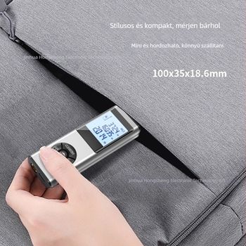 Kézben tartható lézeres távolságmérő, alumíniumötvözetből készült korpusz, magas precizitás, újratölthető