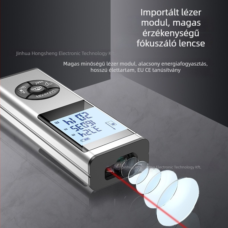 Kézben tartható lézeres távolságmérő, alumíniumötvözetből készült korpusz, magas precizitás, újratölthető