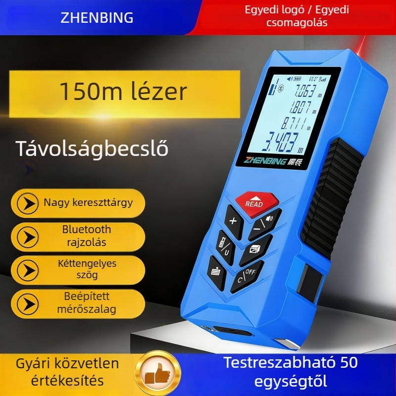 Zhenbing N1l sorozat kézi lézeres távolságmérő — tartomány 0.5–150 m, pontosság 0.001 m, üzemelési feszültség 3.4 V