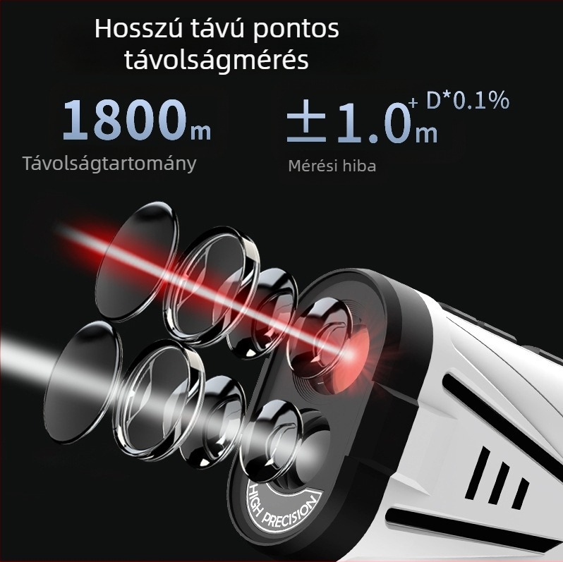 Lézeres távolságmérő GR01-1800 – mérési tartomány 3–2000 m, pontosság ±(1.0 m + D*0.2%), kézi készülék, tömeg 162 g, golfhoz, vadászathoz és mérnöki felmérésekhez