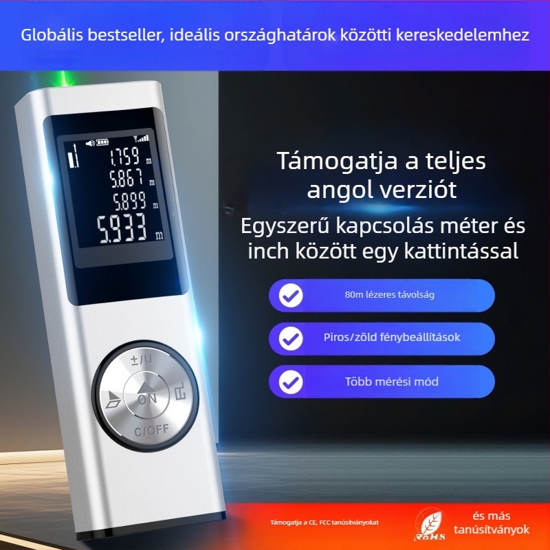 Zhenbing W sorozat kézi lézeres távolságmérő, mérési tartomány 0,05–80 m, pontosság 0,001 m, működő feszültség 3,6 V