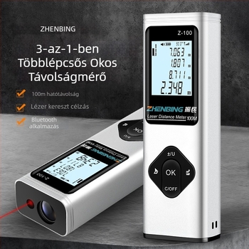 Kézi lézeres mérőberendezés, Z sorozat keresztező vonalas funkcióval — tartomány 0,5–100 m, pontosság 0,001 m, feszültség 3.7 V, tömeg 60.3 g