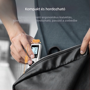 Kézi lézeres mérőberendezés, Z sorozat keresztező vonalas funkcióval — tartomány 0,5–100 m, pontosság 0,001 m, feszültség 3.7 V, tömeg 60.3 g