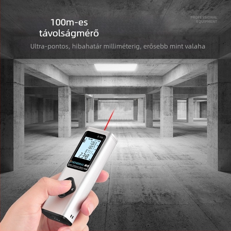 Kézi lézeres mérőberendezés, Z sorozat keresztező vonalas funkcióval — tartomány 0,5–100 m, pontosság 0,001 m, feszültség 3.7 V, tömeg 60.3 g