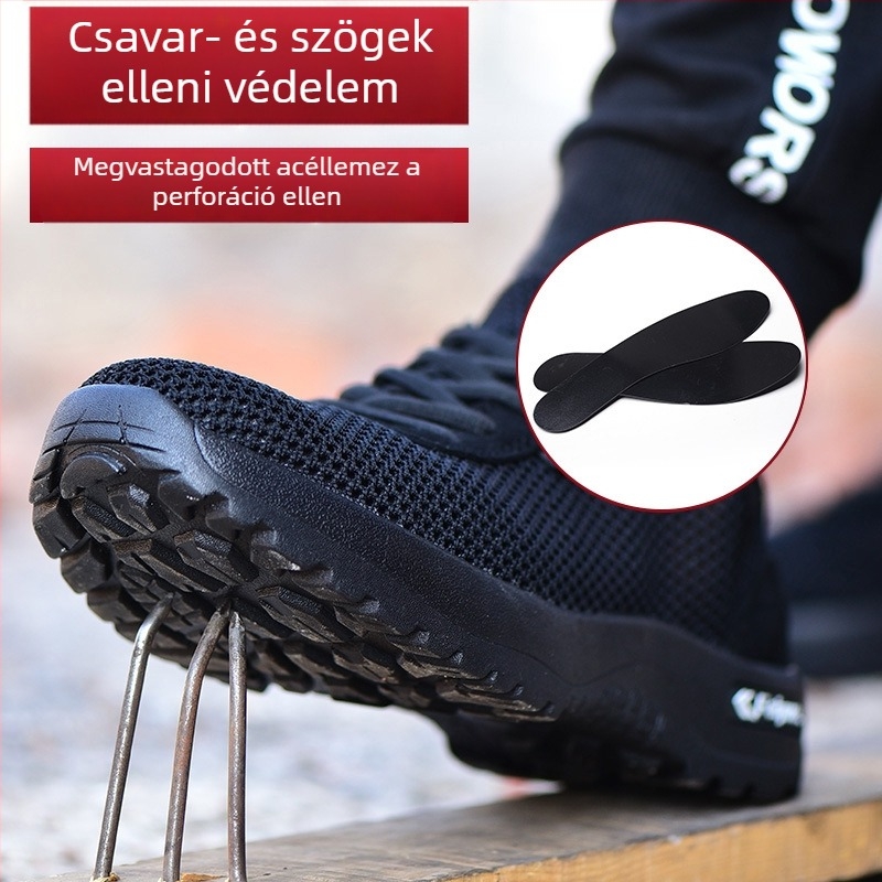 Munkavédelmi biztonsági cipő, légáteresztő hálós felsőrésszel, acél orrvédővel, ütés- és átszúrás elleni védelemmel