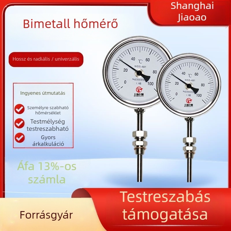 WSS bimetálos hőmérő – modellek WSS-401/411/481/581; mérési tartomány -60…500 °C; szerkezet típusa: állítható szögű; pontosság 1,5.