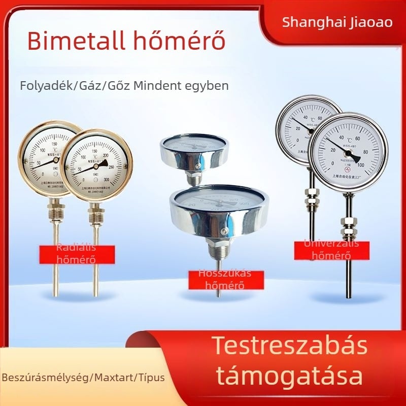 WSS bimetálos hőmérő – modellek WSS-401/411/481/581; mérési tartomány -60…500 °C; szerkezet típusa: állítható szögű; pontosság 1,5.
