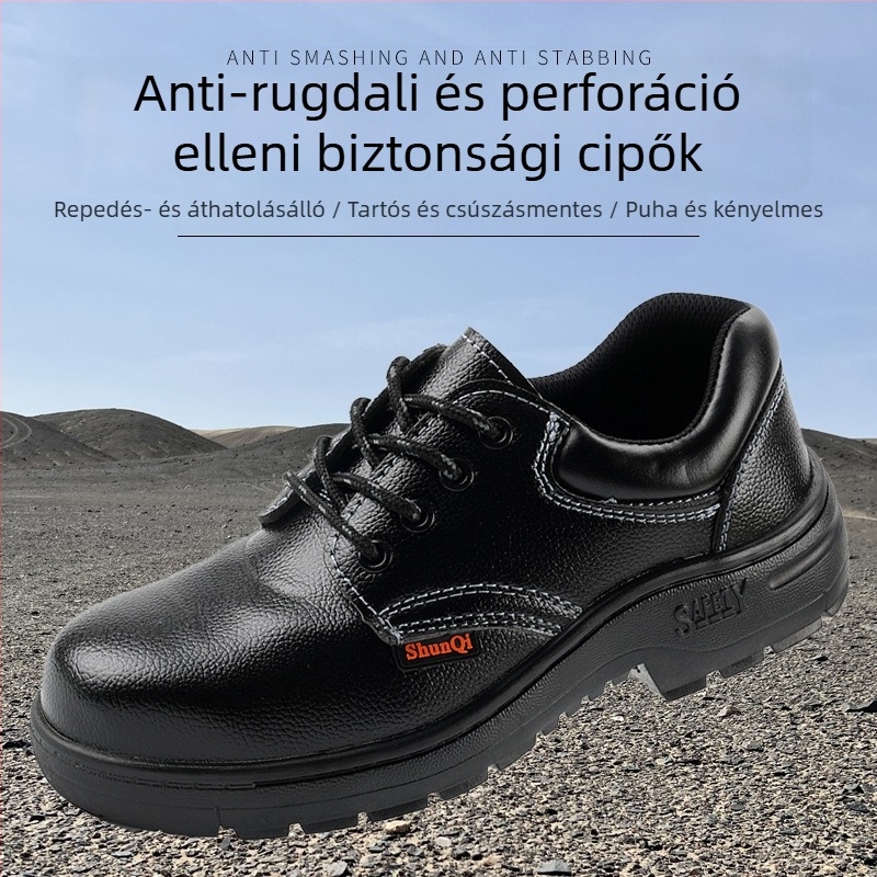 Biztonsági cipő acélorrú, ütés- és átszúrásálló, mikroszálas bőr, csúszásmentes, kopásálló