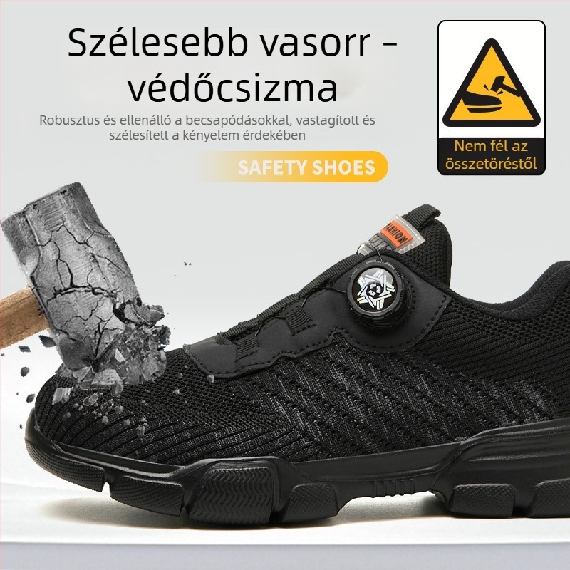 Férfi munka- és építőipari biztonsági cipő, lélegző Flyknit hálófelsőrésszel, alacsony fazonú, vasból készült orrvédő, perforáció- és ütésálló
