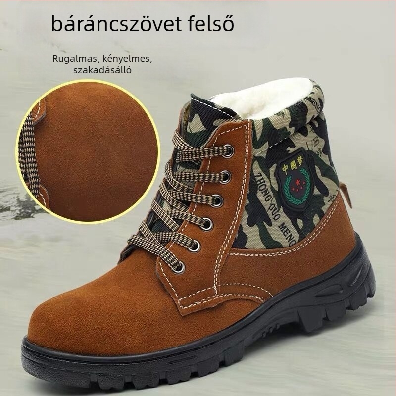 Téli védőmunkacipő, magas fazonú felsőrésszel, nubuk és vászon felsőrész, acélorrú, ütés- és átszúrás elleni védelem, melegen tartó