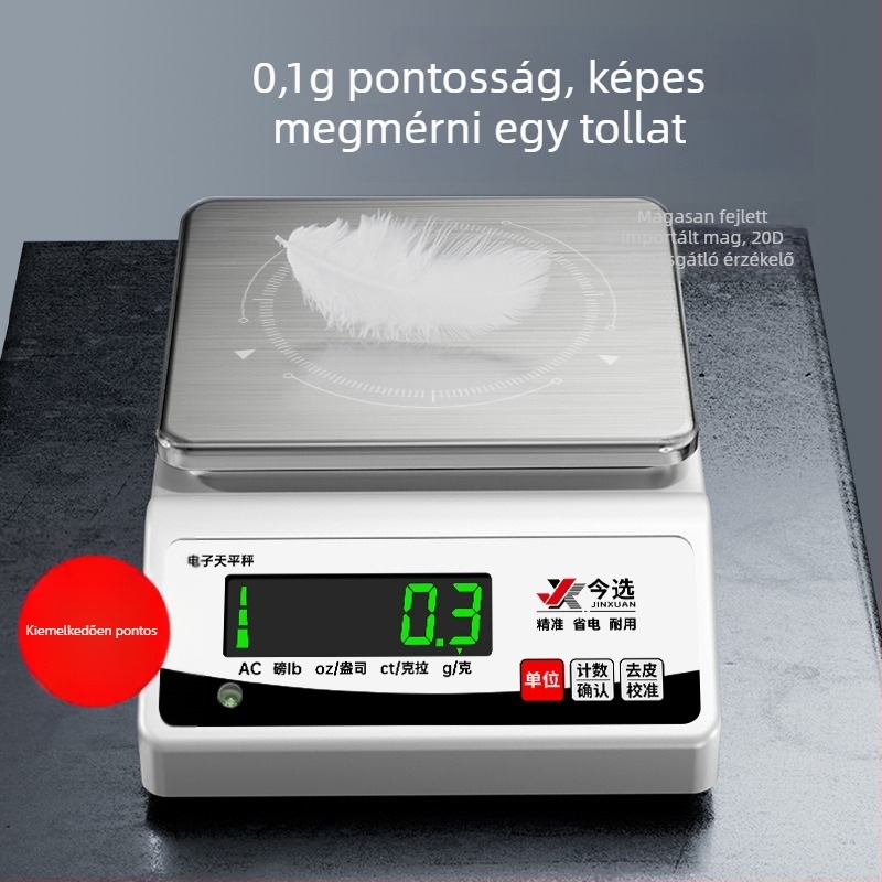 TB001 Elektronikus mérleg: 0,01 g pontosság, 5 kg teherkapacitás, minimális mérés 0,2 g, laboratóriumi használatra