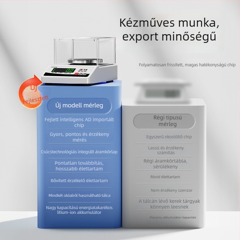 TB001 Elektronikus mérleg: 0,01 g pontosság, 5 kg teherkapacitás, minimális mérés 0,2 g, laboratóriumi használatra
