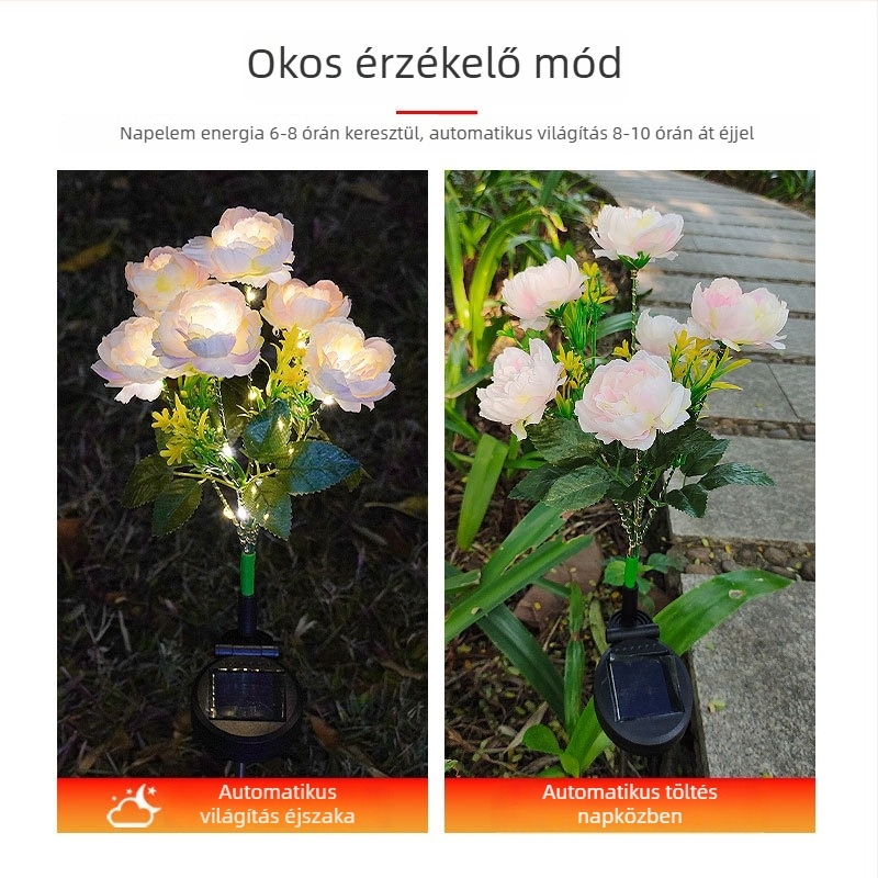 Napelemes peónia lámpa a kerthez, LED, IP65 vízálló, indukciós kapcsoló, 1W, üzemidő 6–12 óra