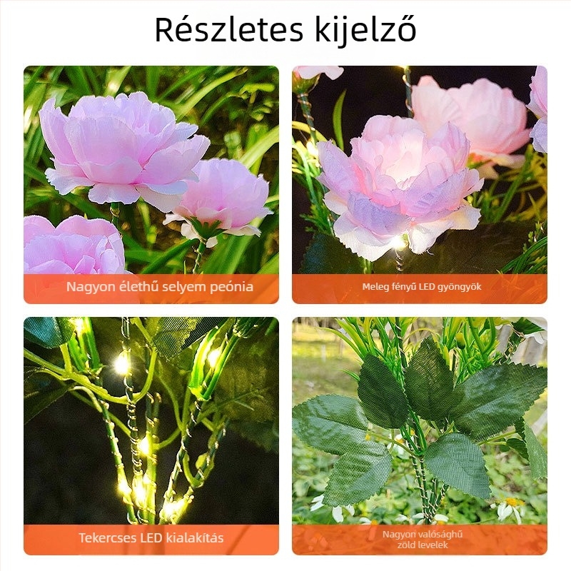 Napelemes peónia lámpa a kerthez, LED, IP65 vízálló, indukciós kapcsoló, 1W, üzemidő 6–12 óra