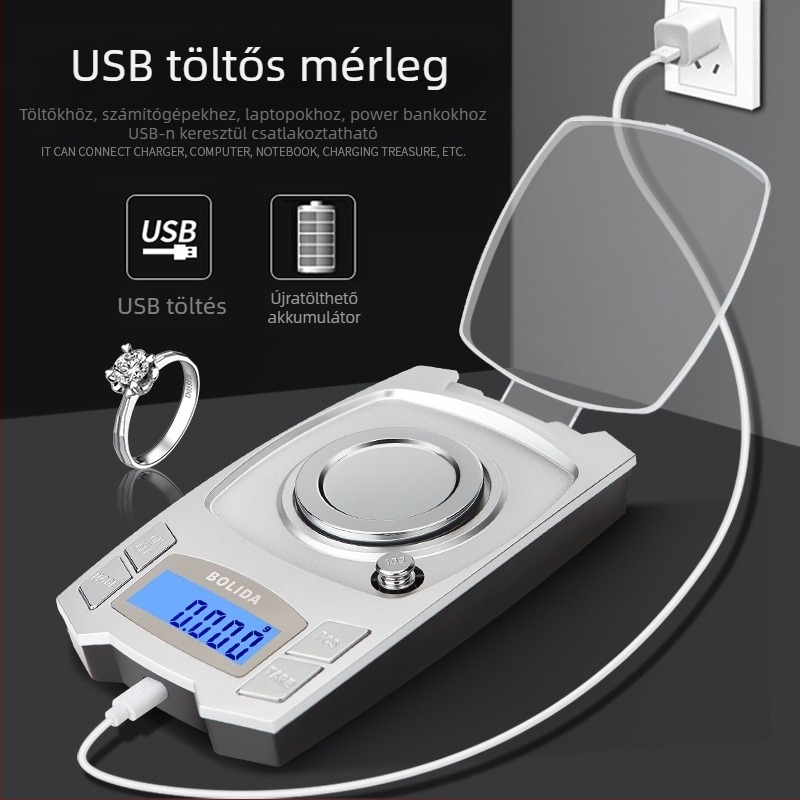 Újratölthető, nagy pontosságú digitális mérleg 0.001 g felbontással, karát-skála, hordozható mini mérleg otthoni használatra