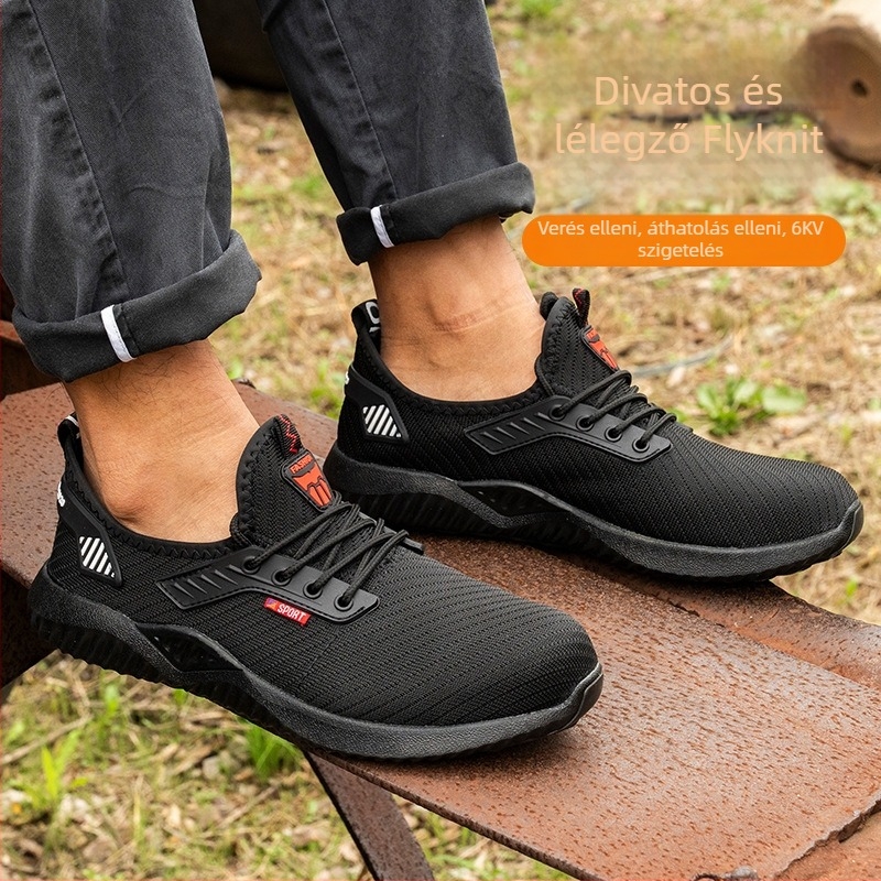 Könnyű, lélegző acélorrú munkacipő építkezésekhez; Flyknit háló felsőrész, alacsony fazon, ütés- és szúrás elleni védelem, anti-slip és kopásálló talp, fekete