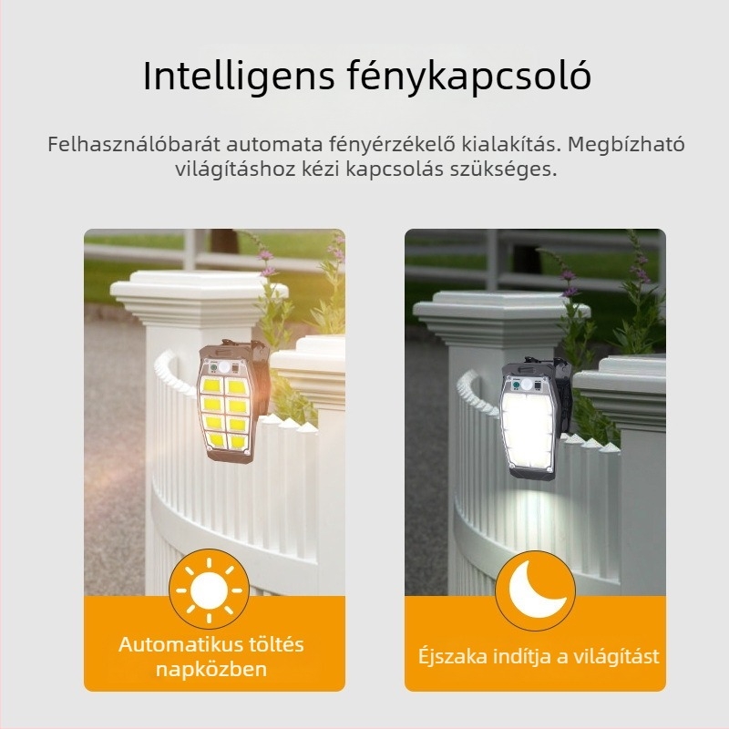 Napelemes kültéri klipszes lámpa induktív kapcsolóval, IP65, 24V, 3,7W, fehér fény, lámpa teraszra és kertre