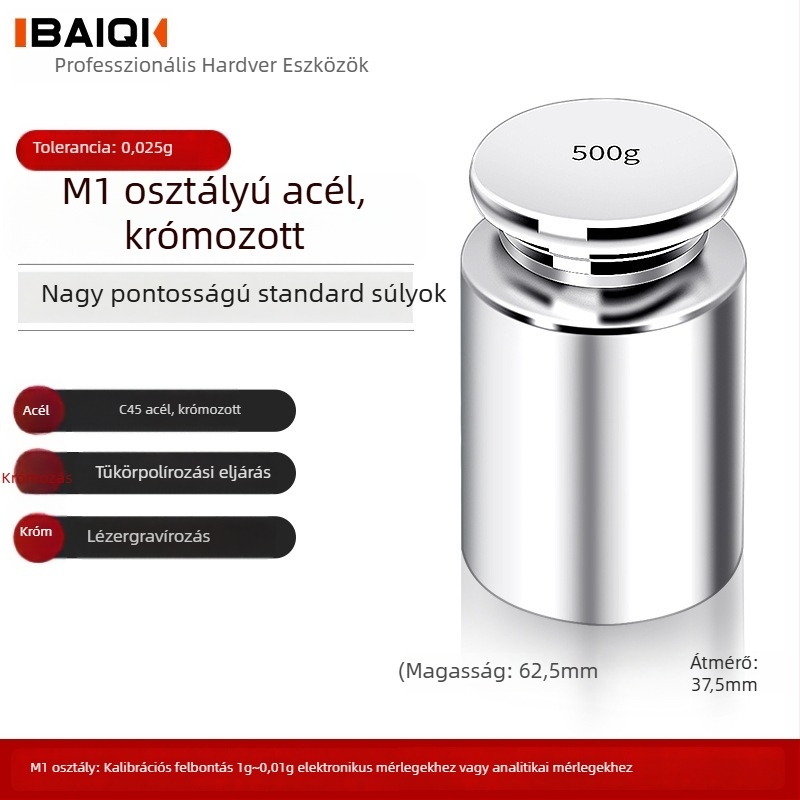 Baiqi M1 szabványos kalibráló súlyok készlet, 0,5 kg, rozsdamentes acél súlyblokkok analitikus mérlegekhez
