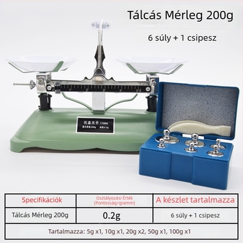 Tálas mérleg súlyokkal 100 g, 200 g, 500 g és 1000 g – fizika oktatási eszköz