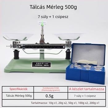 Tálas mérleg súlyokkal 100 g, 200 g, 500 g és 1000 g – fizika oktatási eszköz