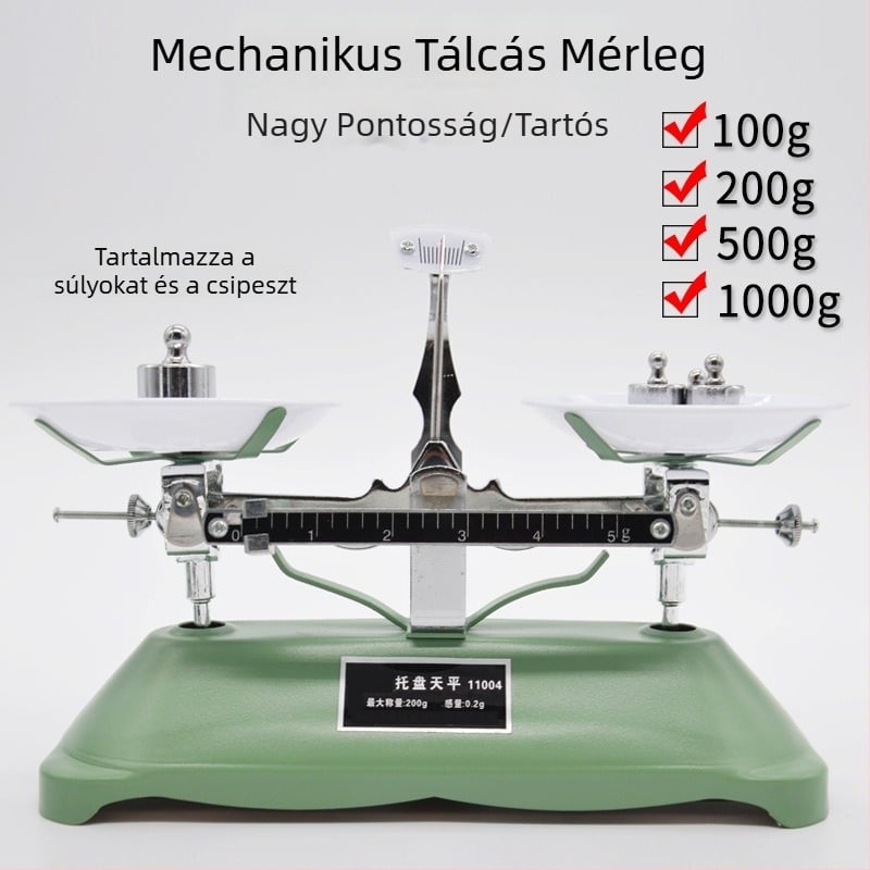 Tálas mérleg súlyokkal 100 g, 200 g, 500 g és 1000 g – fizika oktatási eszköz