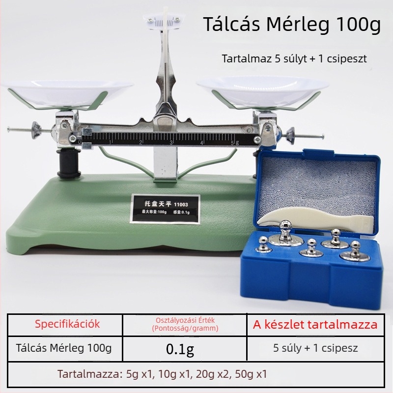 Tálas mérleg súlyokkal 100 g, 200 g, 500 g és 1000 g – fizika oktatási eszköz