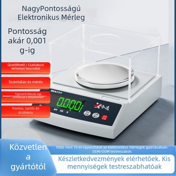 TB001 elektronikus laboratóriumi mérleg, precizitás 0,001 g, kapacitás 10 kg, minimális mérés 0,2 g, kijelző felbontása 0,1 g
