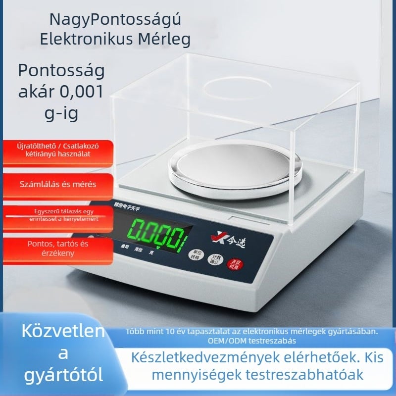 TB001 elektronikus laboratóriumi mérleg, precizitás 0,001 g, kapacitás 10 kg, minimális mérés 0,2 g, kijelző felbontása 0,1 g
