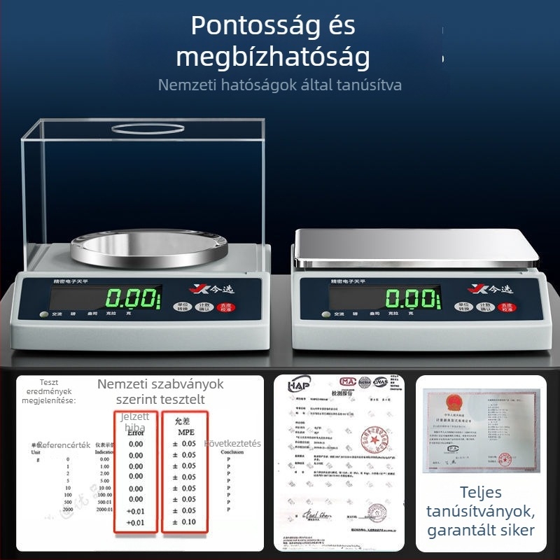 TB001 elektronikus laboratóriumi mérleg, precizitás 0,001 g, kapacitás 10 kg, minimális mérés 0,2 g, kijelző felbontása 0,1 g